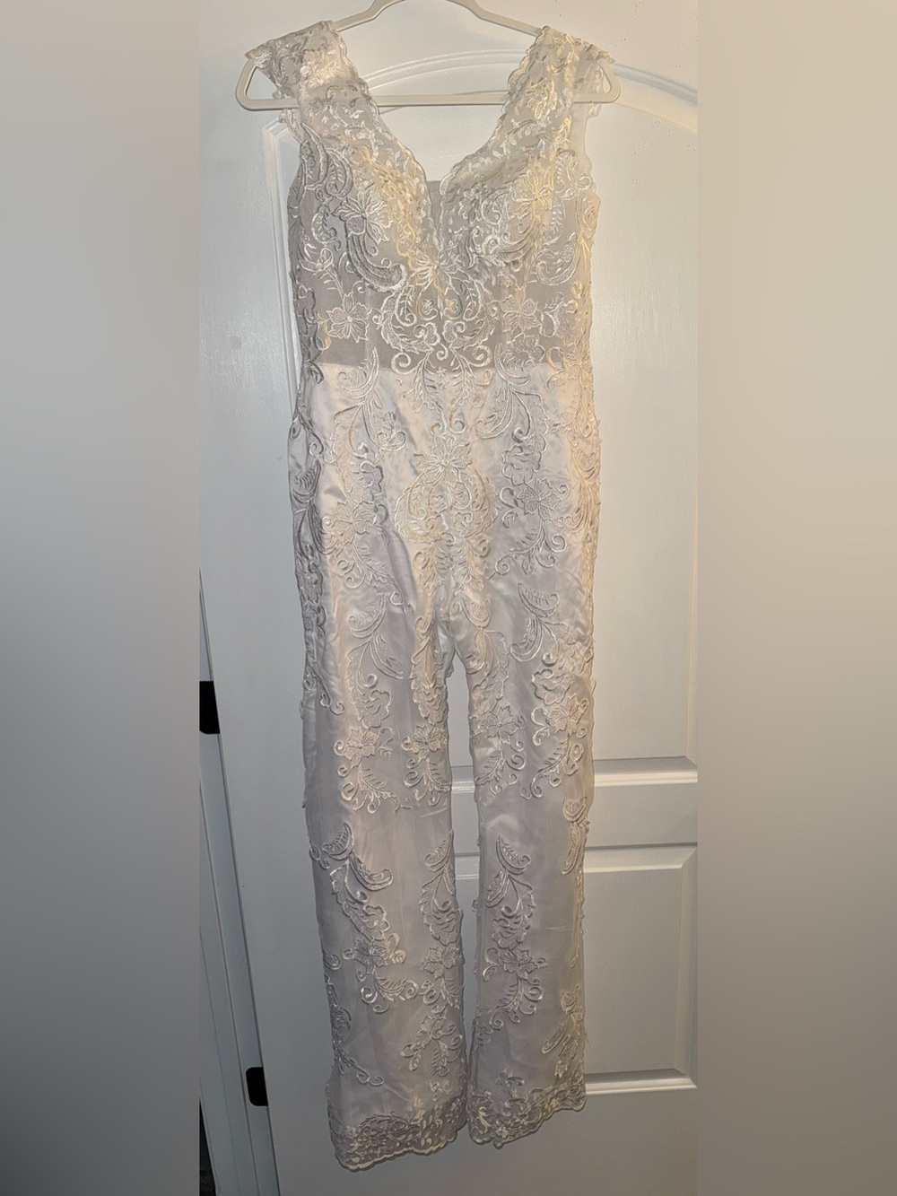 Lace Embellished V-Neck Women's White Bridal Jumpsuit